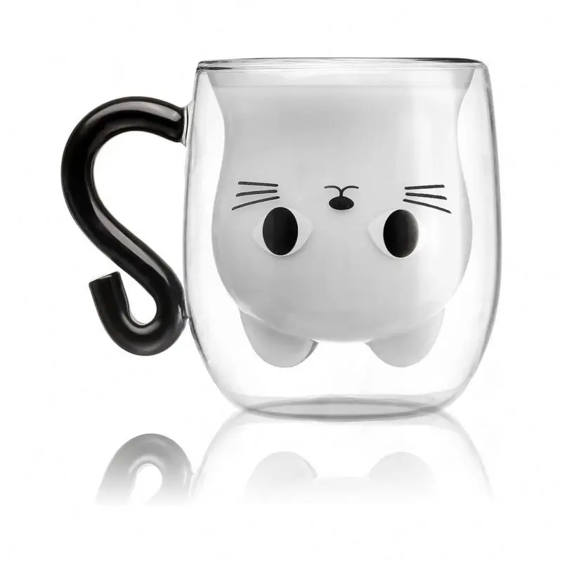 borosilicate double wall colored cat cup glass suction animal glass tea cup coffee mug with handle