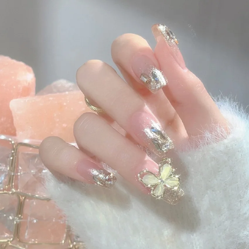 A1-48 new artificial golden 3d butterfly false nails with glue press on nails wholesale custom decoration OEM Korean nails