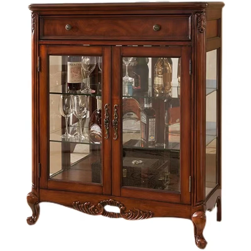 American country light luxury villa living room solid wood carved glass door display wine cabinet
