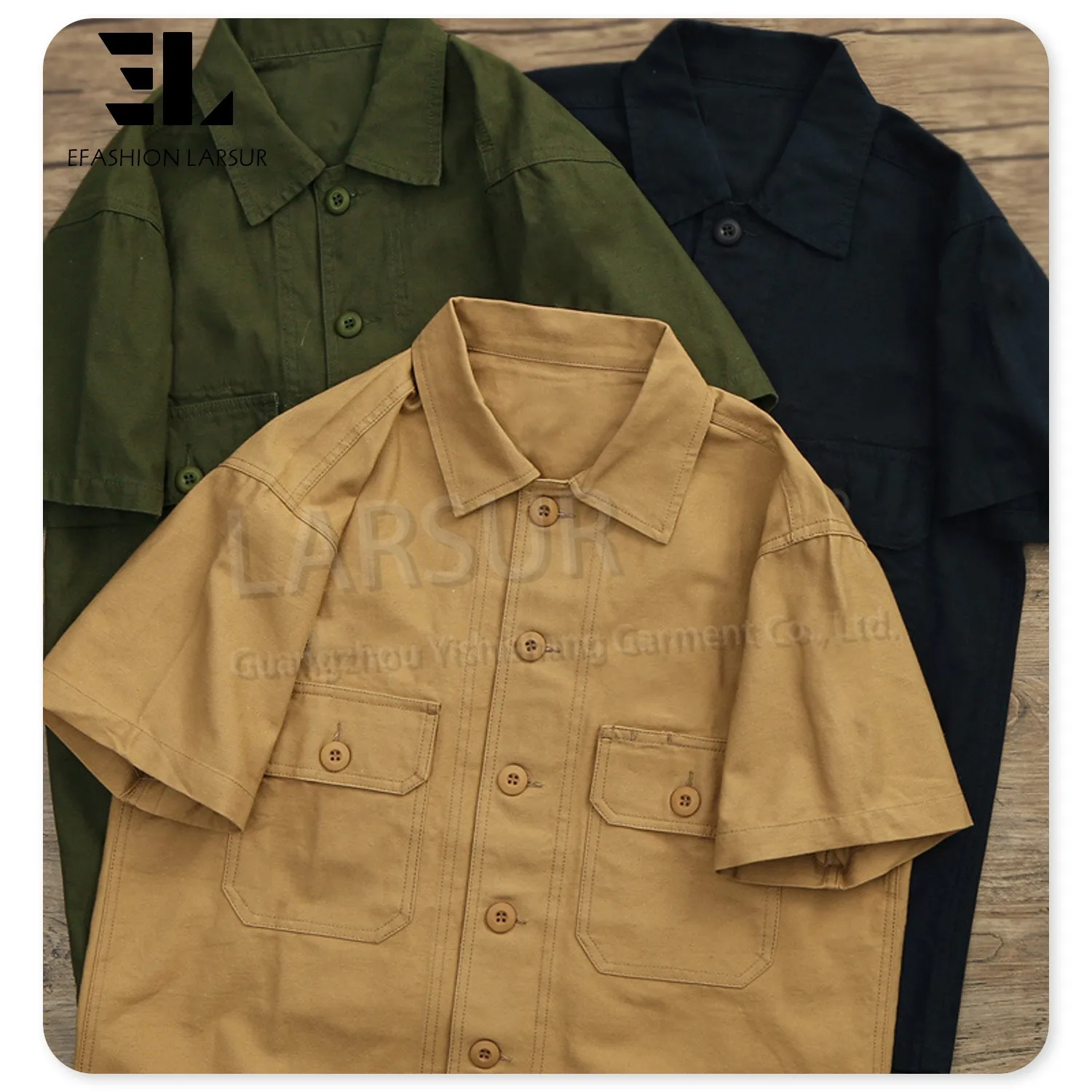 LARSUR Custom clothing manufacturer cotton twill short sleeves work shirts multi pocket button up jeans denim work shirt for men