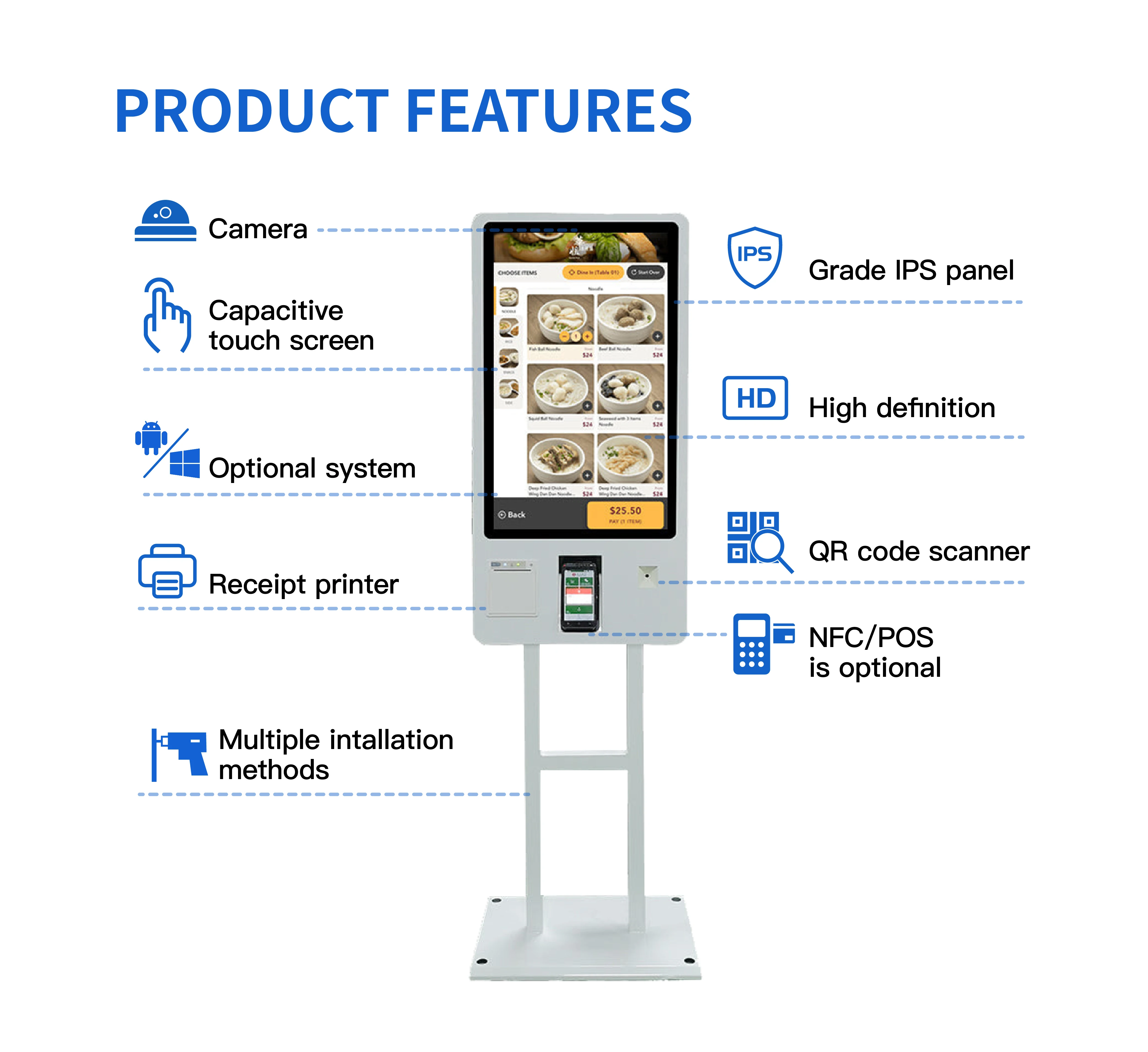 21.5 Inch Indoor Shopping Center Use Floor Standing Tempered Glass Touch Screen Self Service Payment Kiosk