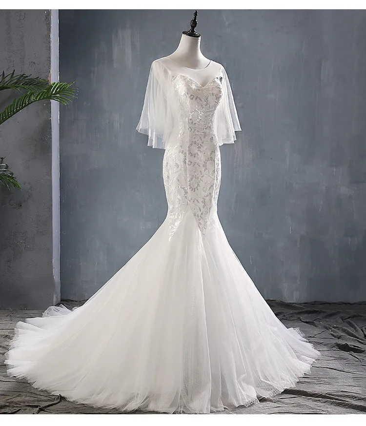 2019 Real Photo Short Batwing Sleeve Mermaid Gown sweep train lace up back Fish Tail wedding dress