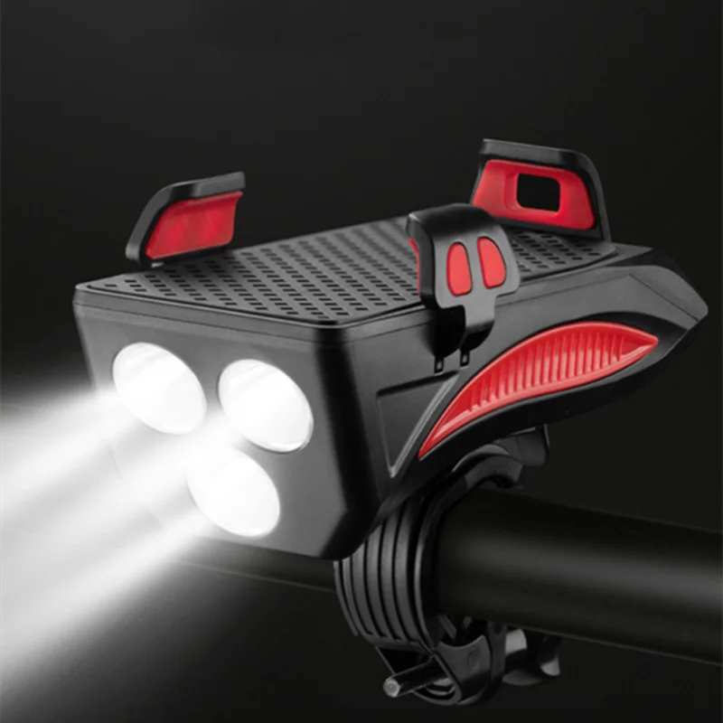 Rechargeable 600lm Bike Headlight 3 Led Bicycle Front Light With Mobile Phone Holder & 4000mah Power Bank IP55 Cycle Light
