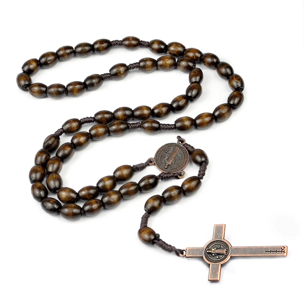 Handmade Catholic Pendant Necklace Jesus Saint Wood Beads Rosary Necklace Women Men Religious Holy Jerusalem Prayer Jewelry