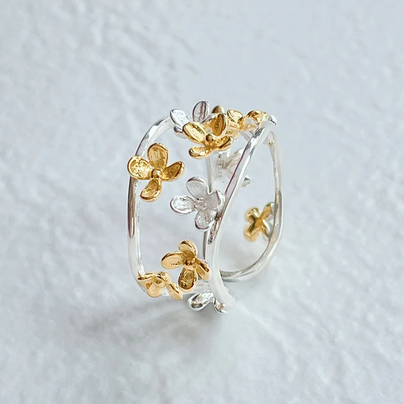 Elegant Violet Flower Adjustable Rings For Women 18K Gold Plated Sterling Silver Ring