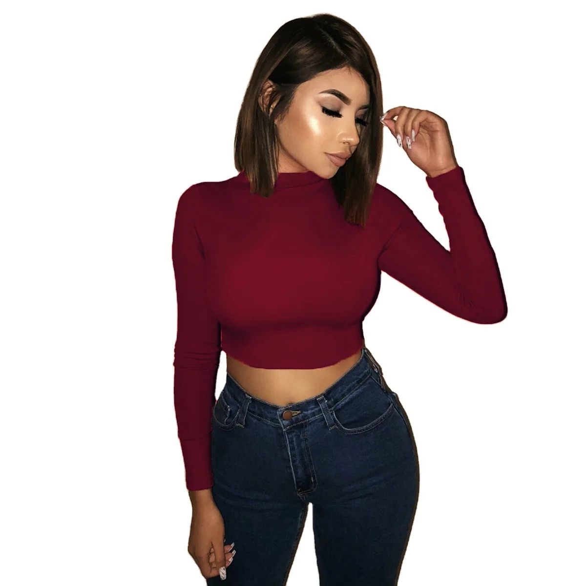 
Autumn custom long sleeve crop top women sexy tight fashion turtleneck crop top fitness women crop top 