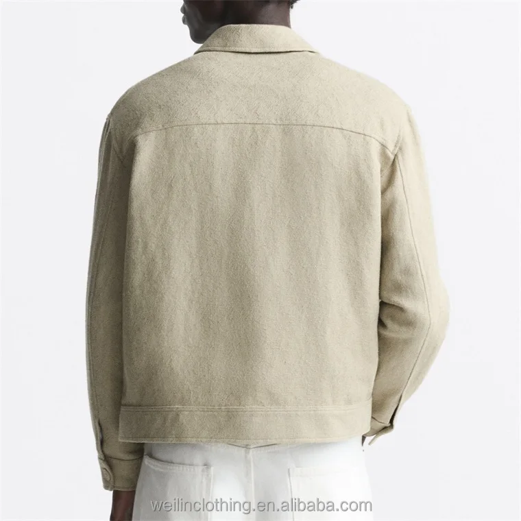 Custom flaps Hip patch pockets shirt collar blend linen jacket for men
