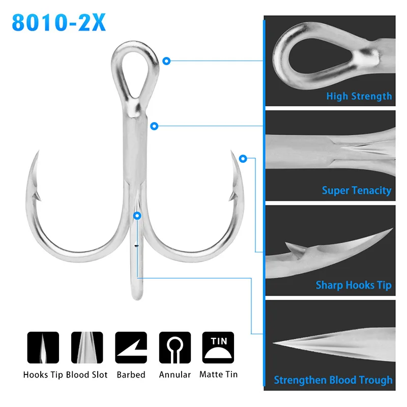 1#-14#-3/0# 20pcs/Box High Carbon Steel 2X Strong Matte Tin Treble Hook Super Sea Big Game Tuna GT Jig Fishing Hooks