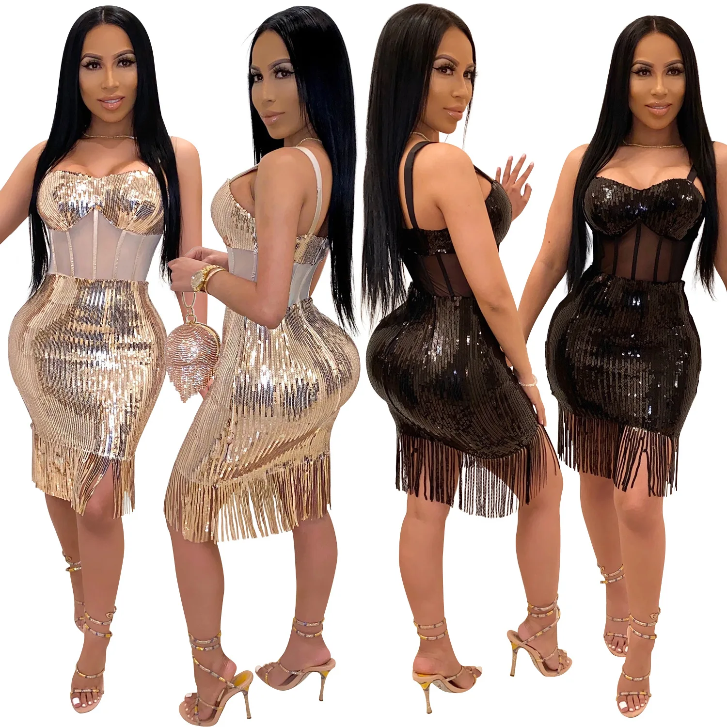 Women Club Wear 2021 Evening Maxi Dresses Sexy Tassel Shinny Sequin New Year Clothing