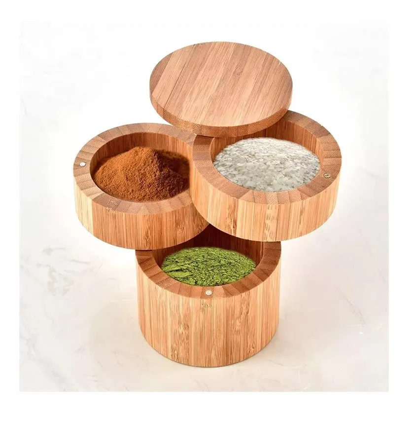 Вращающийся Круглый трехслойный контейнер для специй соляная коробка 100% бамбуковые бутылки и банки хранения еды натуральный современный срок службы 5-7 дней