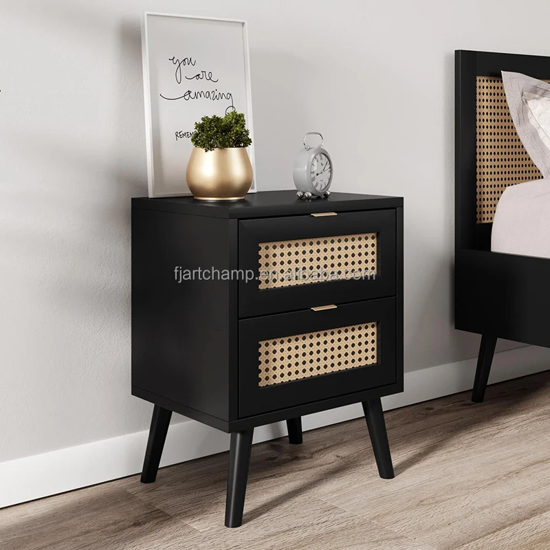 KD Bedroom Furniture Modern Home Wooden Night Tables Rattan Bedside Table With Drawers