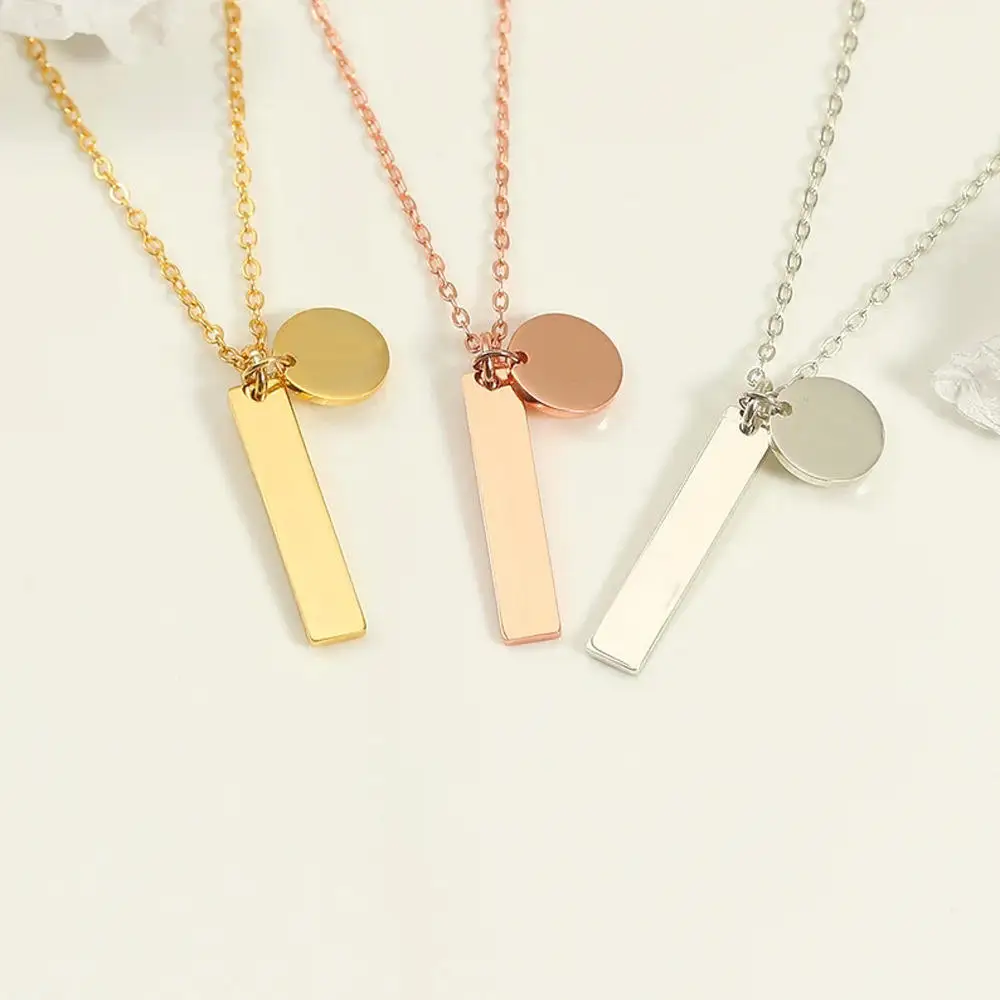 YWLY  Stainless Steel Jewelry Round Charm Bar Necklace With Metal Tags Vertical Design Blank Engraving Available