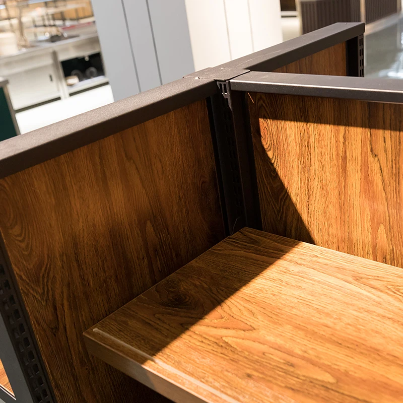 Steel wood supermarket convenience store food cabinet boutique wooden display shelf