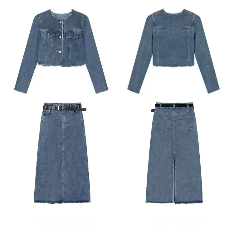 Crew neck single breasted denim blue color lady long sleeve casual fashion cotton denim jeans jacket for women