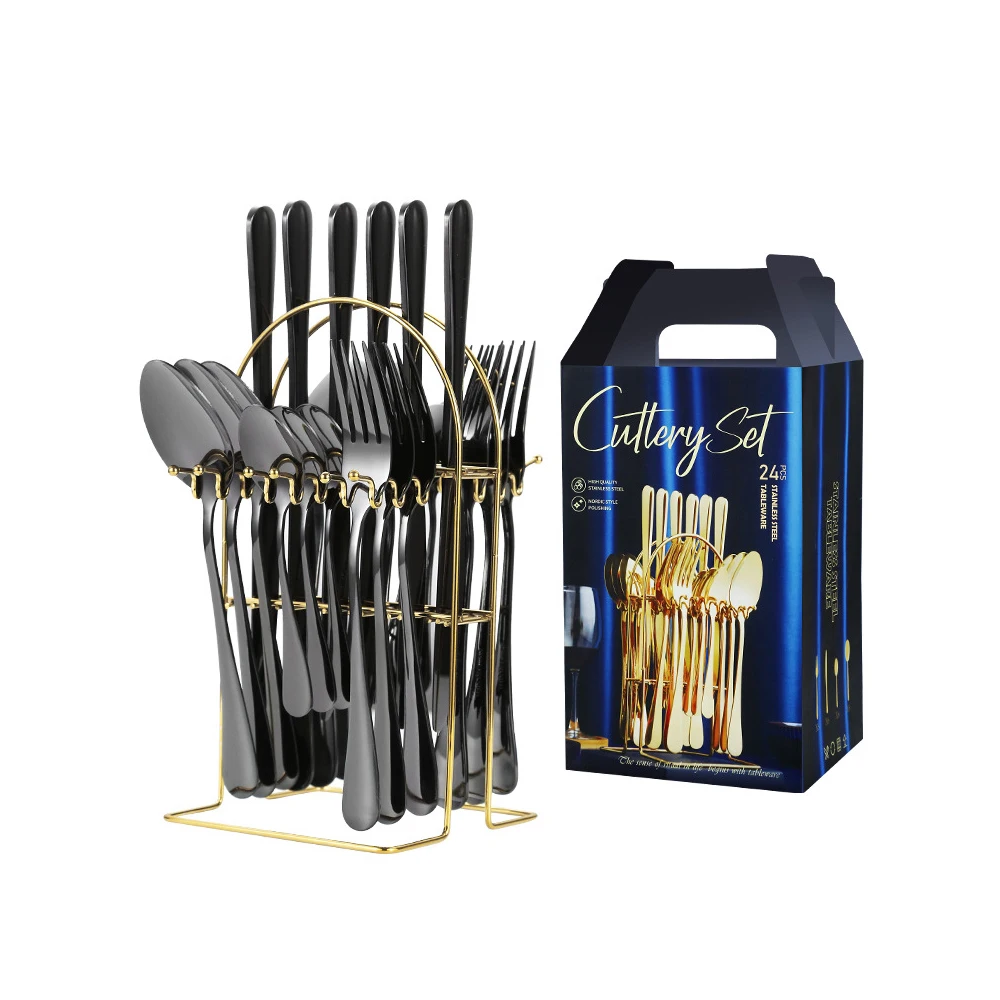 24PCS knife spoon fork stainless steel cutlery set matte white royal gold plated cutlery flatware set