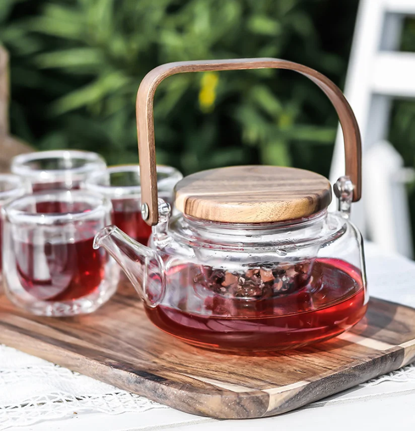 
Elegant Double Wall Tea Pot Glass Set With Bamboo Lid 