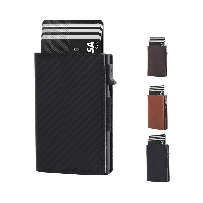 Quality Assurance Rfid Blocking Slim Pu Business Carbon Fiber Leather Wallet With Metal Pop Up Card Holder