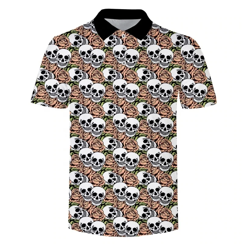 Custom Full Over Sublimation Printing Rose Flowers Skull Pattern Polo Shirts Summer Casual T-shirts Polyester Men Polo Shirts