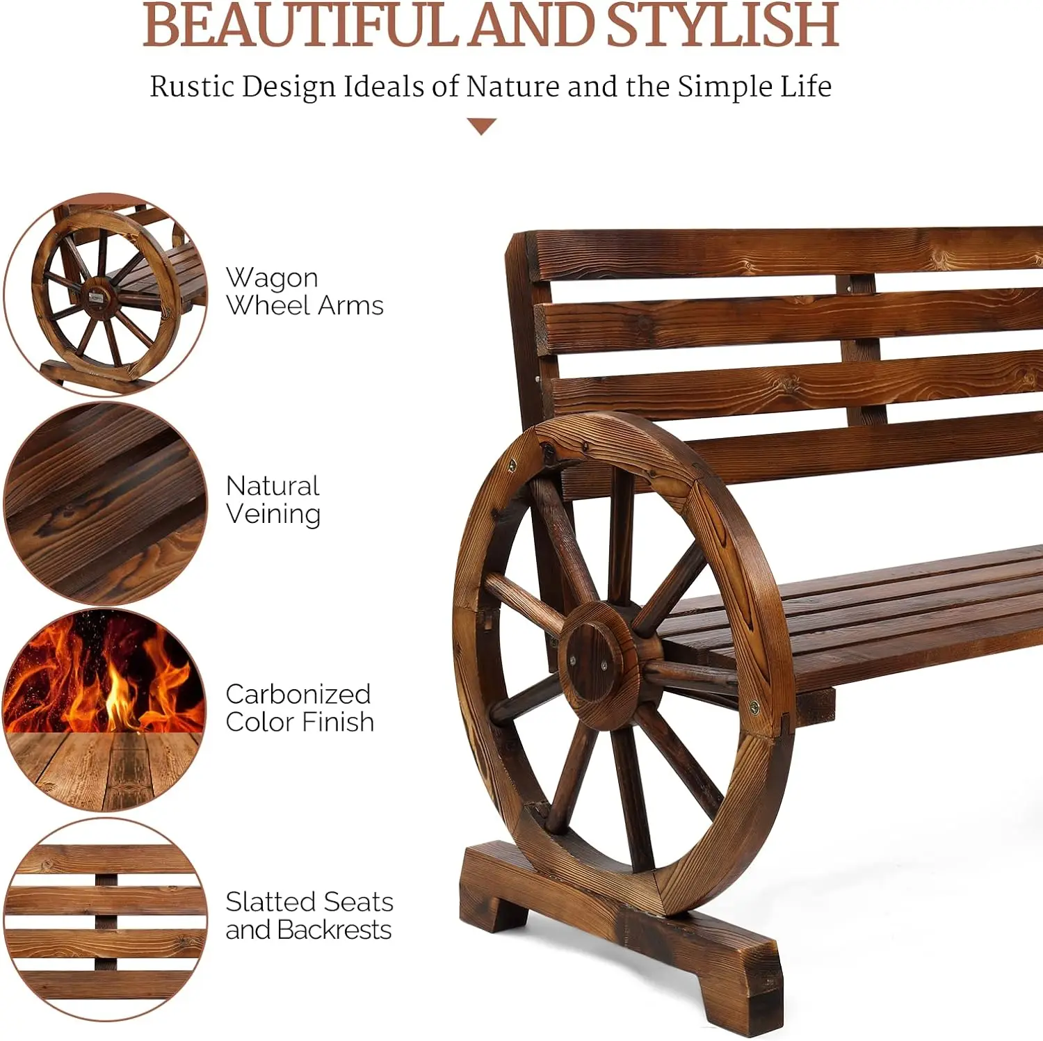 Rustic Wooden Wheel Outdoor Bench 2-Person Patio Garden Bench