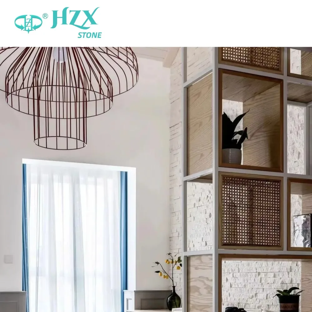 HZX Modern Design White Marble Wall Cladding Antacid Splitface and Polished Wooden Stacked Ledger Stone Panel for Villas