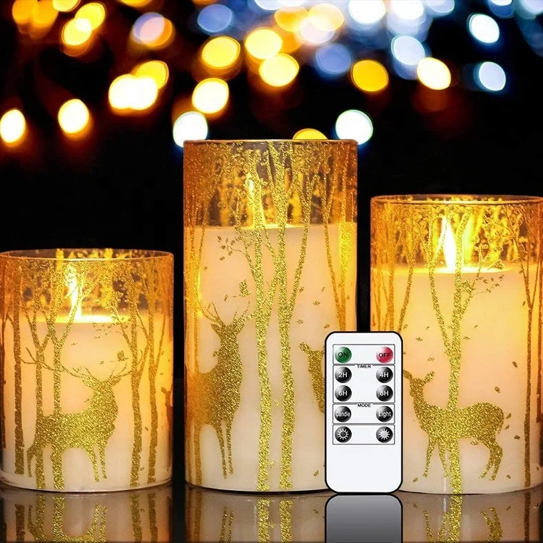 Battery Operated Fashionable Deer Sticker Plastic Cup Cylindrical Flameless LED Electronic Flashing Paraffin Wax Candle
