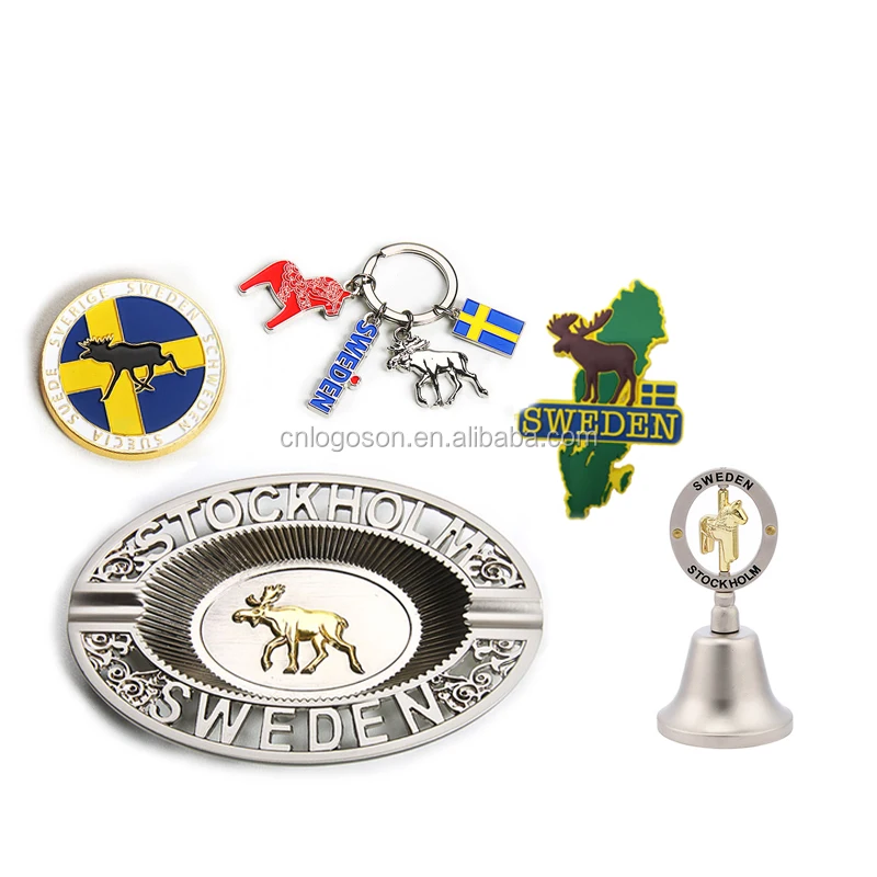 Factory Custom Quality Sweden Dala Horse Moose Elk Souvenir Kerings Swedish Flag Metal Keychains Sweden Souvenir Keyring