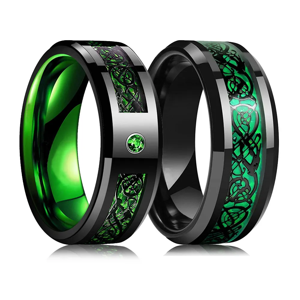 Fashion Black Tungsten Wedding Celtic Dragon Rings For Men Inlaid Green Zircon Punk Men Stainless Steel Green Carbon Fibre Ring