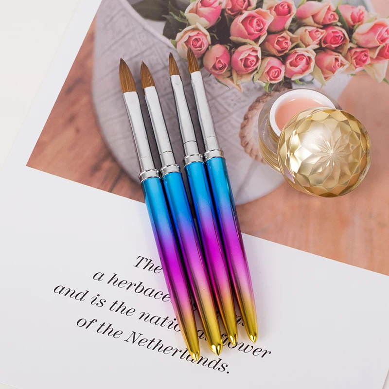 Manufacturer New Rainbow Metal Handle Wholesale 100% Pure Kolinsky Sable Acrylic Nail Art Brushes