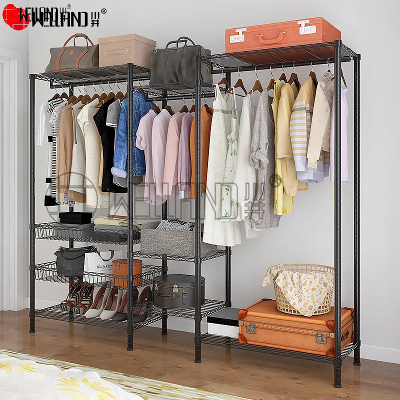 Heavy Duty Modern Wire Closet Shelving Hanging Adjustable Powder Coated Black Wire Metal Garment Storage Rack
