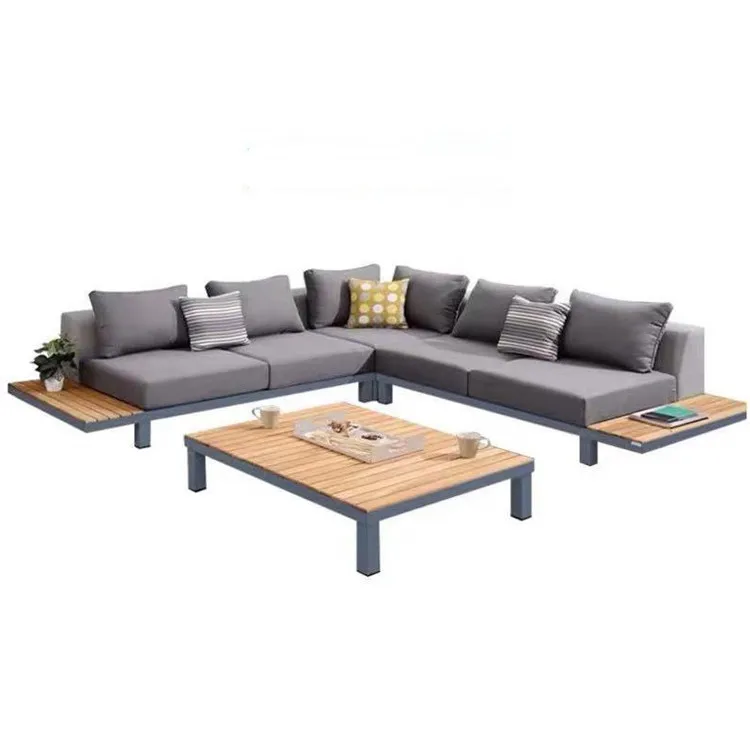 Luxury Aluminum Teak wood Garden Waterproof Fabric Corner Lounge Sofa Set Outdoor Furniture