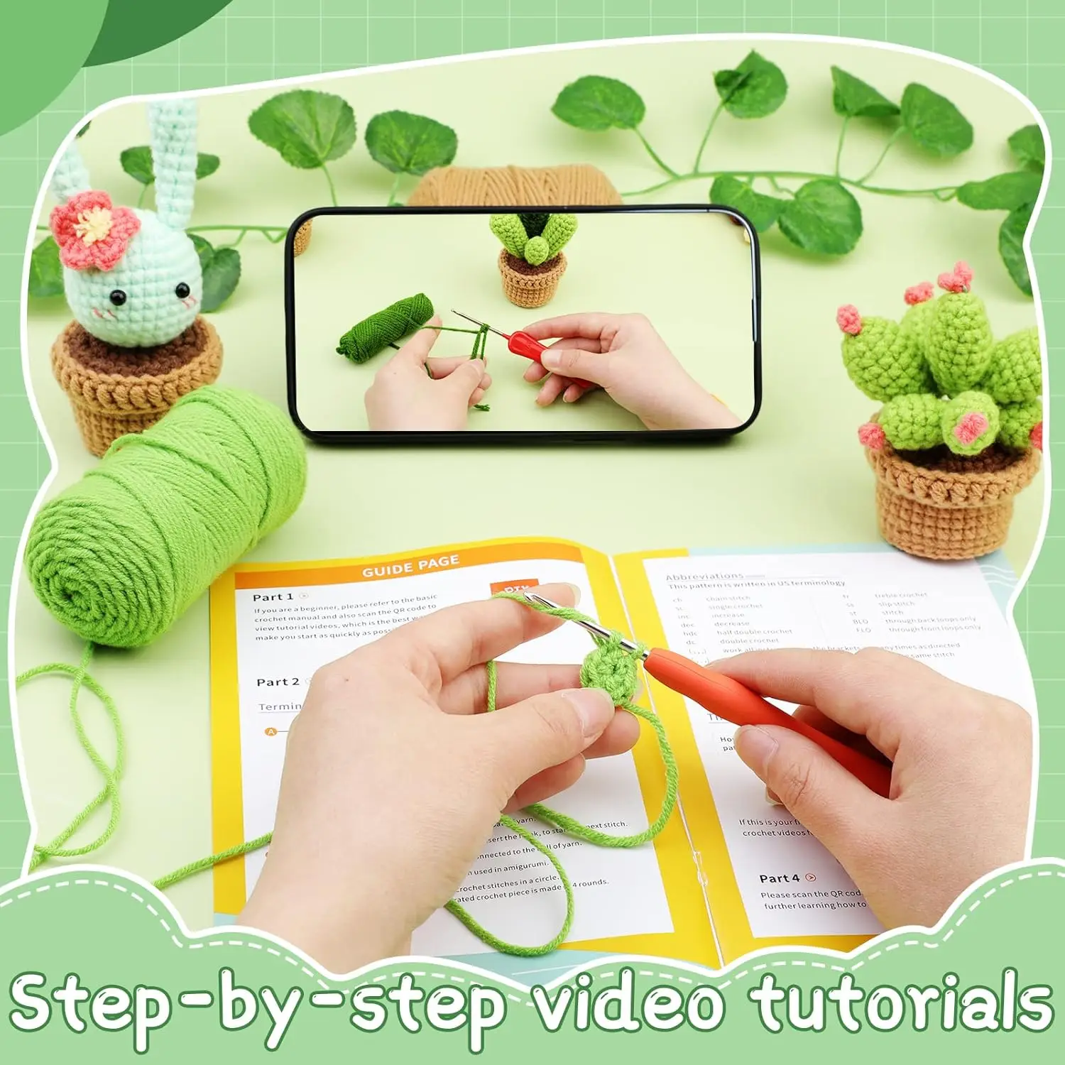 Potted Plants Cactus Crochet Kit with Video Tutorials for Adults Birthday Present