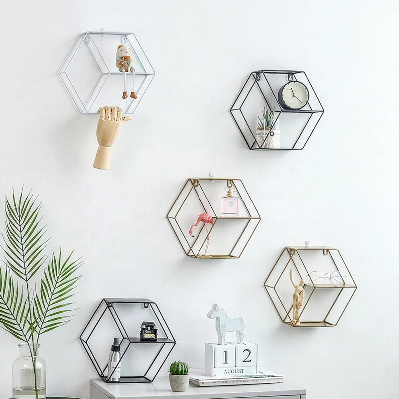 
European-style hanging hexagonal grid wall shelf living room bedroom background wall decoration storage rack 