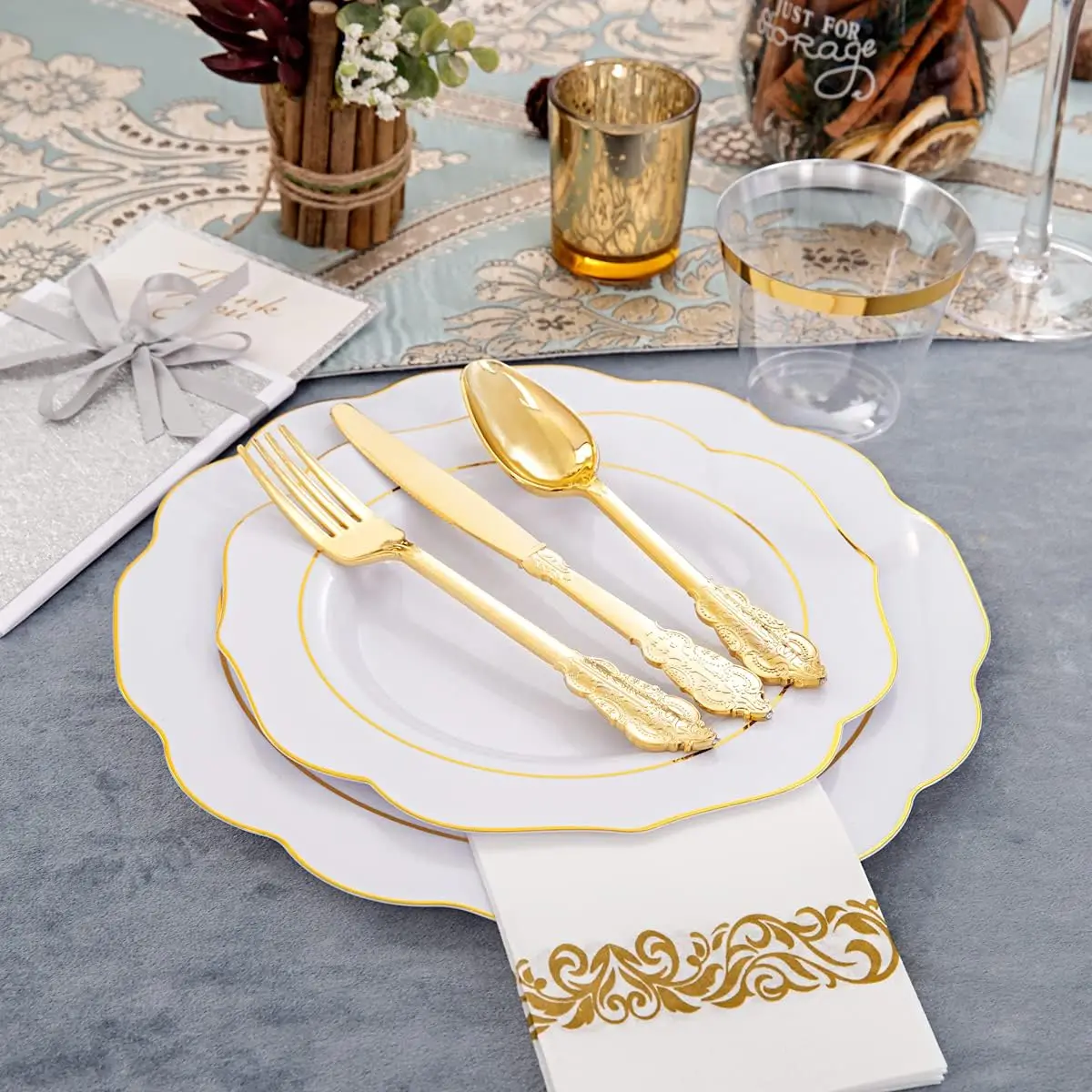 175PCS Gold Disposable Plastic Tableware Plates with Disposable Silverware