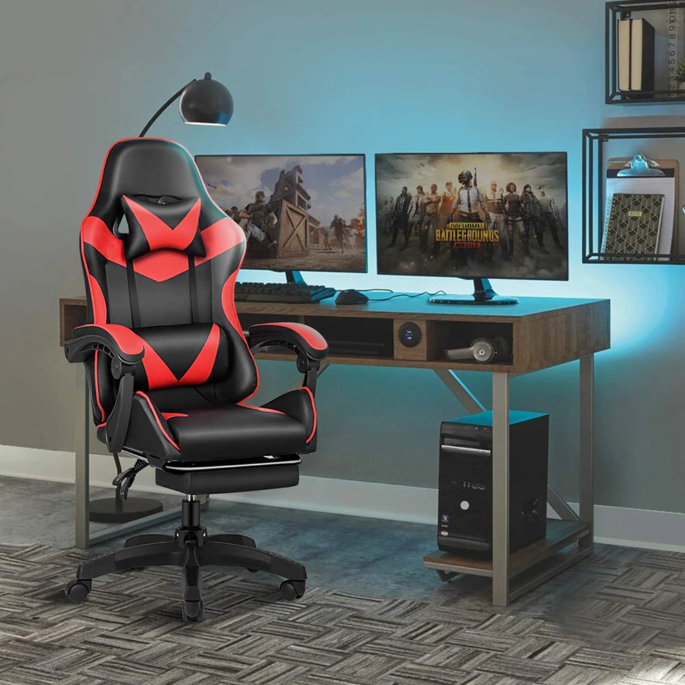 Ergonomic Leather PU Gaming Desk Chair Footrest Swivel Rocker Headrest Lumbar Support Home Office Use High Metal Massaging
