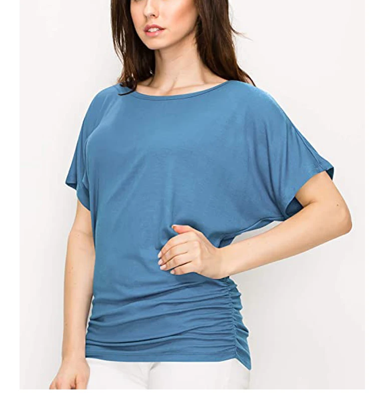 Custom v neck t shirts women side shirring fashionable Short Sleeve Boat Neck V Neck Rayon Bamboo summer T-shirt Women