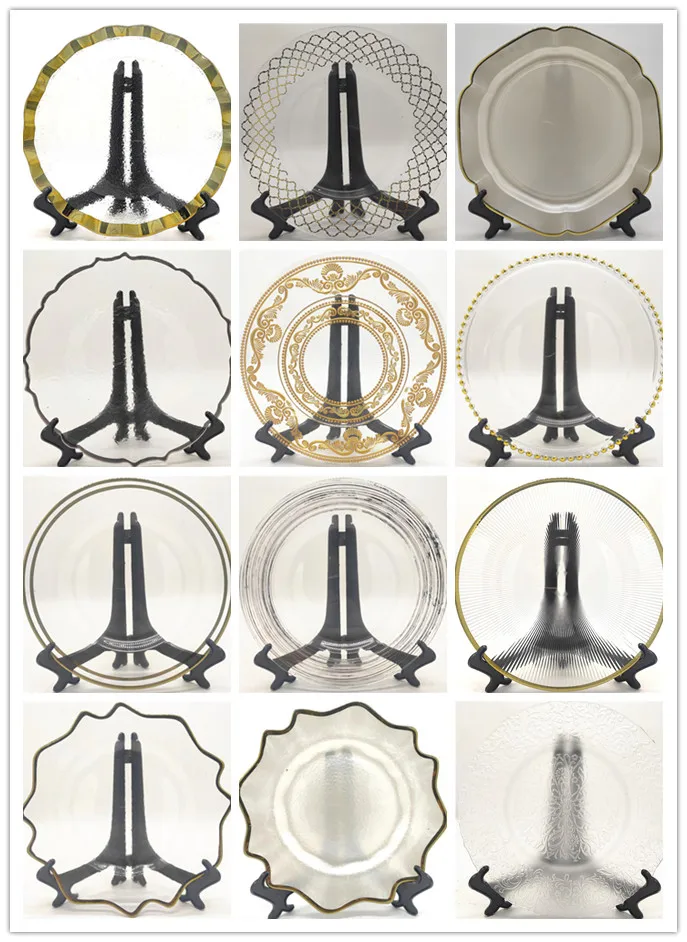 Luxury Royal Hotel Dinning Glass/Plastic Tableware 8/11/13 inches Glass Gold Charger Plates For Wedding Party