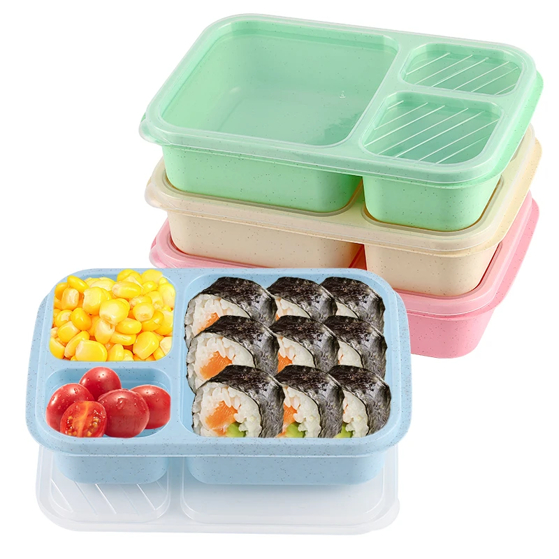 Eco-friendly food grade 3 compartments wheat straw fiber lunch box fast food bento box with transparent lid