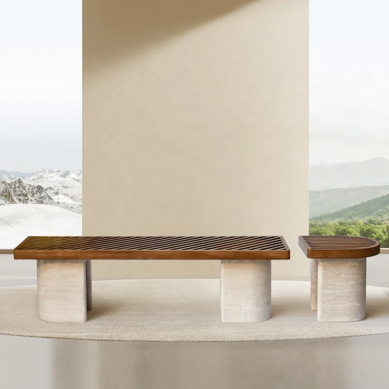 Natural stone customized fashion modern design home furniture wooden nesting table solid wood side table travertine coffee table