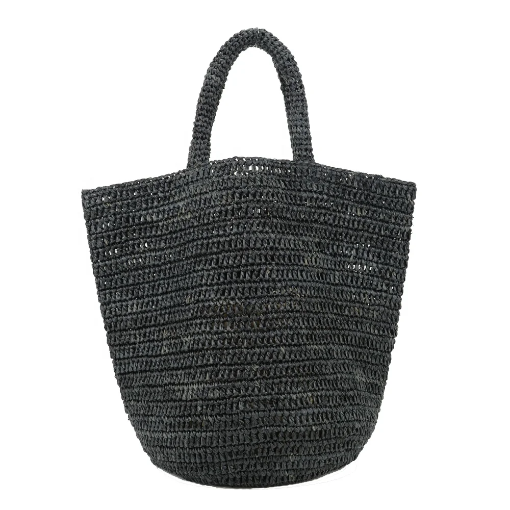 Handcrafted Summer Crochet Raffia Tote Bag Casual Open Closure Shoulder Bag with Logo Pattern for Beach & Shopping