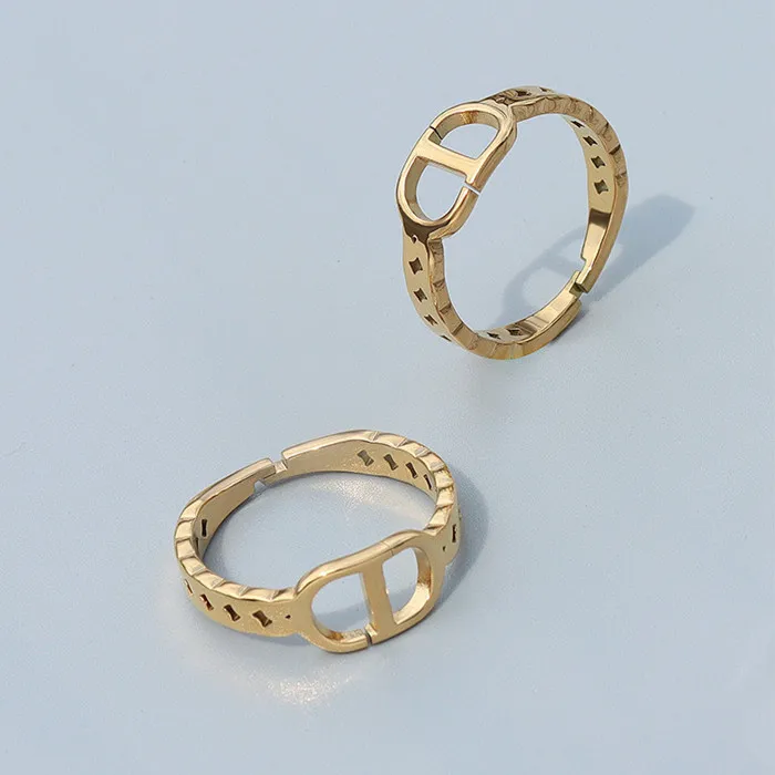 Women accessories jewelry cheap double D pig nose female hollow index finger stainless steel 18k gold plated ring