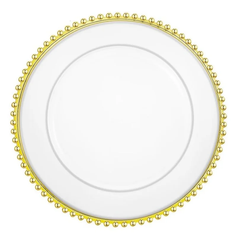 Clear Round Charger Plates 13 Inch Plastic Dinner Charger Plates Decorative Charger Service Plates with Beaded Rim  (Gold)