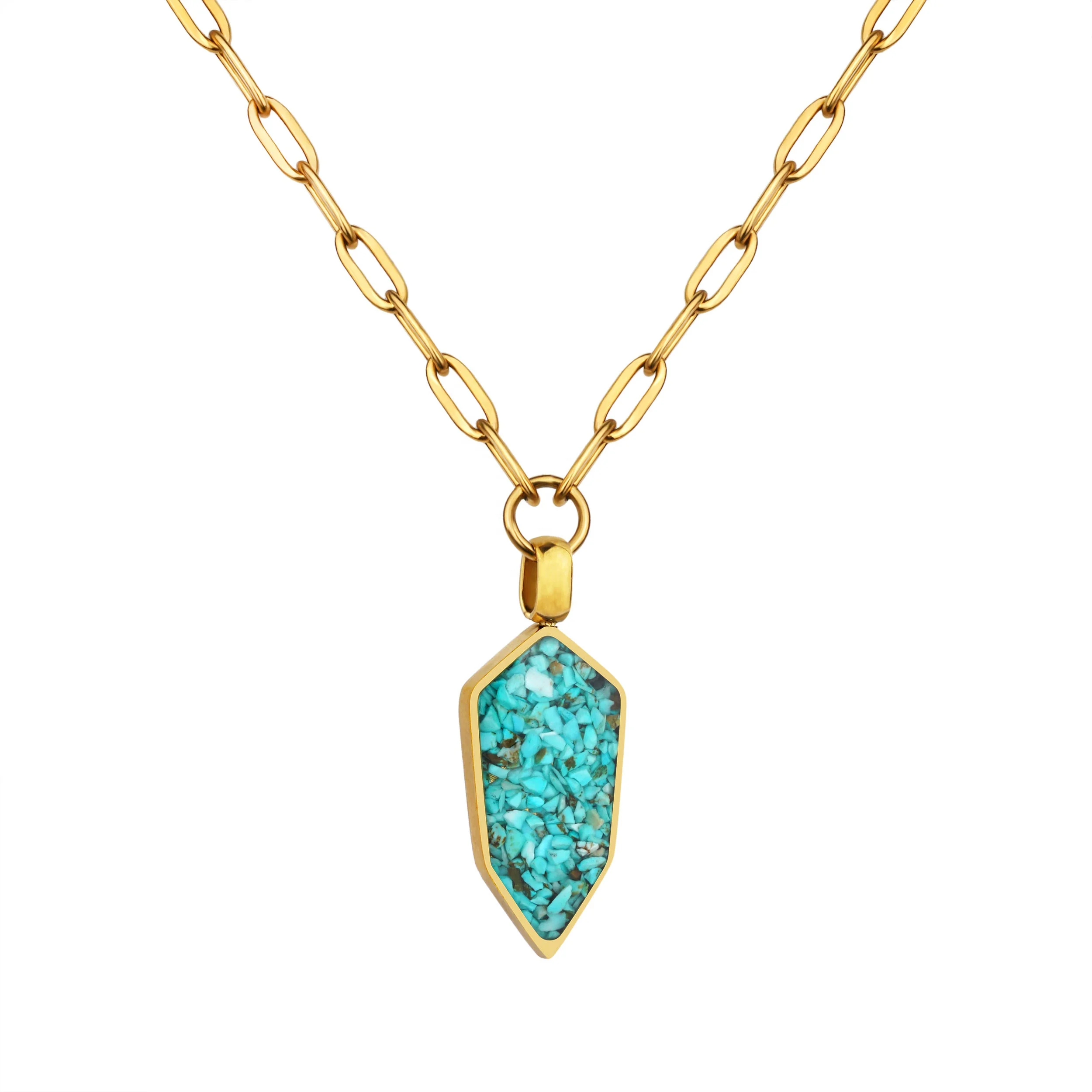 Exquisite geometric hexagonal turquoise and Malachite gemstone pendant necklace, a perfect gift for her