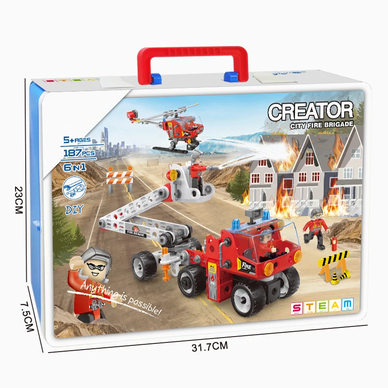 STEM Screw Nut Assembling Fire Fighting Vehicle Helicopter Toys 187PCS Fire Rescue Truck Building Block Set for Kids