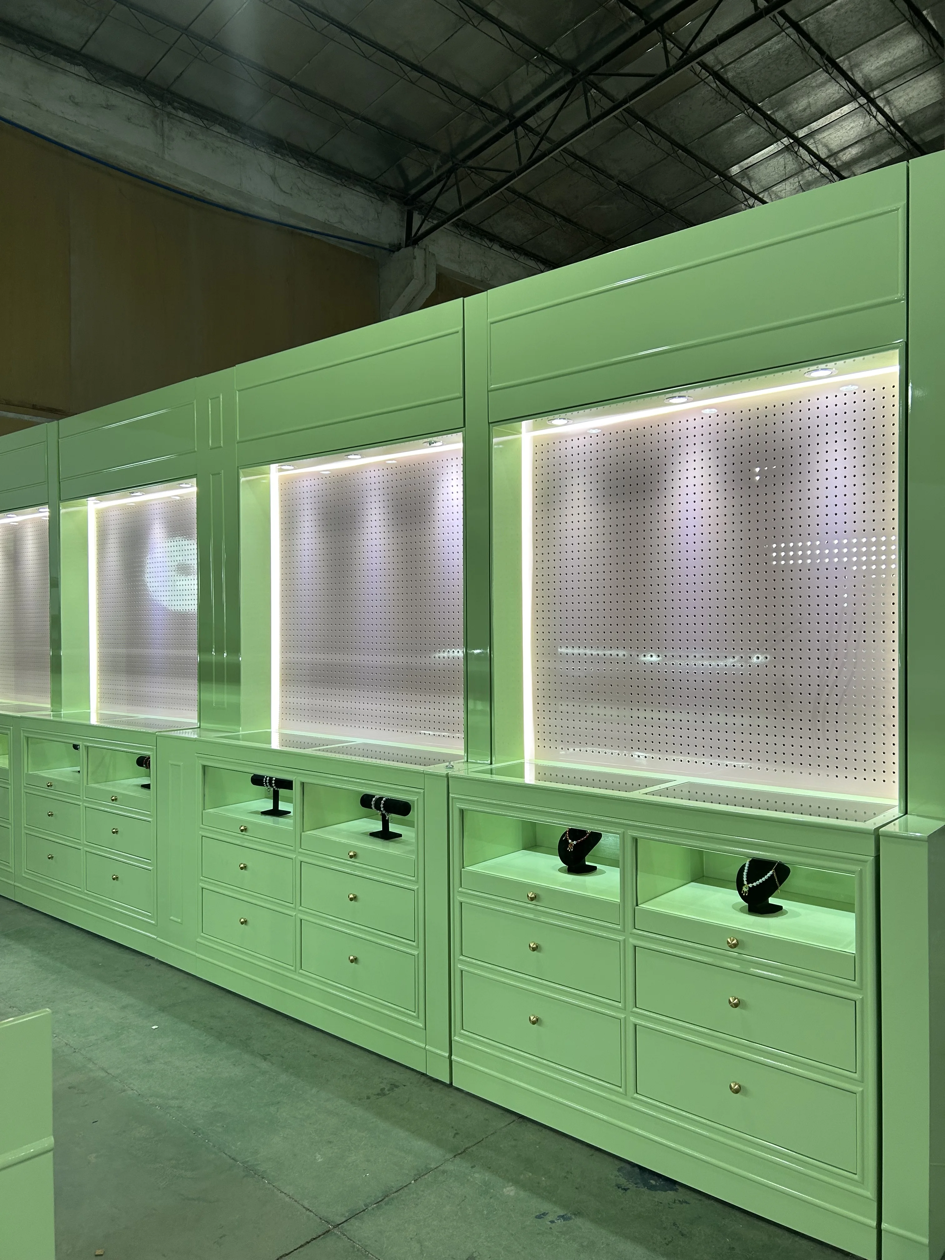Custom Shop Design Wooden Wall Glass Display Cabinet Jewelry Case Gold Silver With LED lighting Jewellery Showcases Display