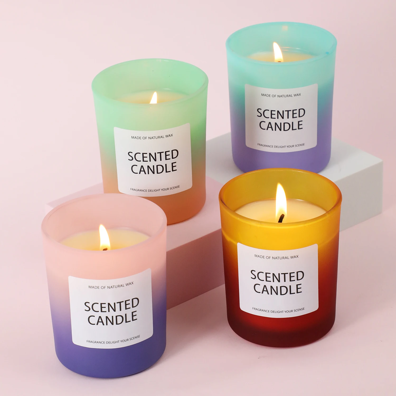 Wholesale Custom latest customized label Soy Wax Candles gradual change color Glass Scented Candle for Gift Set