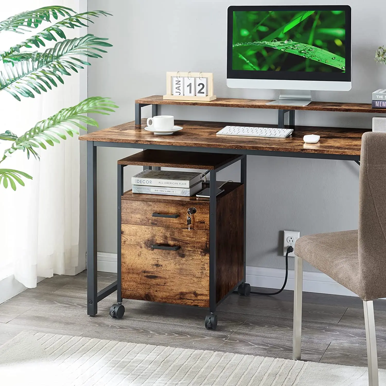 A4/Letter Size Files 2 Drawers Rolling Filing Metal and Wood Office Cabinets with Wheels Open Shelf Lock Charging Station