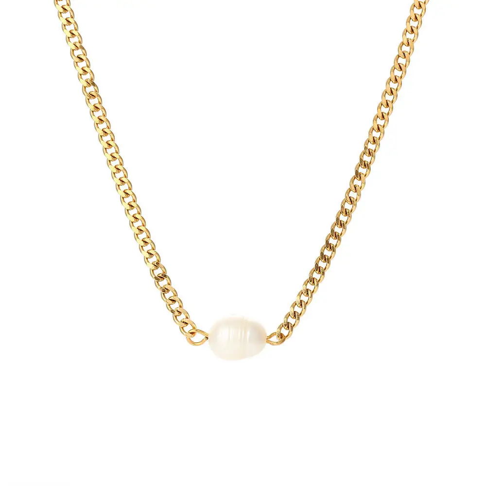 Carline Topsale 18k Gold Plated Stainless Steel Minimalist Simple Single Freshwater Pearl Cuban Link Chain Necklace For Women