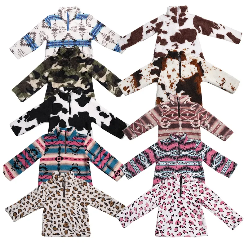Wholesale Polar Fleece Thick Fabric Baby Girl Zipper Jacket Western Print Winter Fall Long Sleeve Kids Sherpa Tops