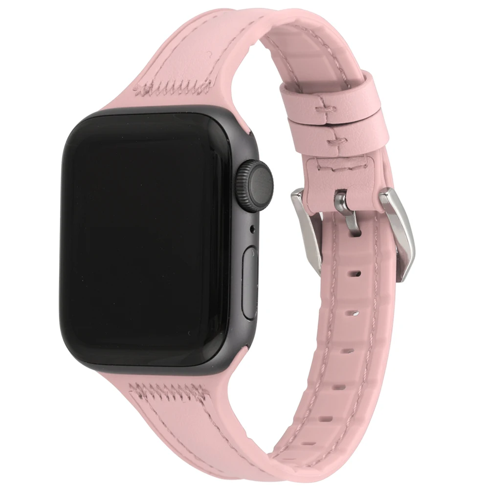 New Arrival Slim Genuine Leather Silicone Watch Band Strap Metal Buckle for Smart Watch 38mm 42mm Replacement Wristband