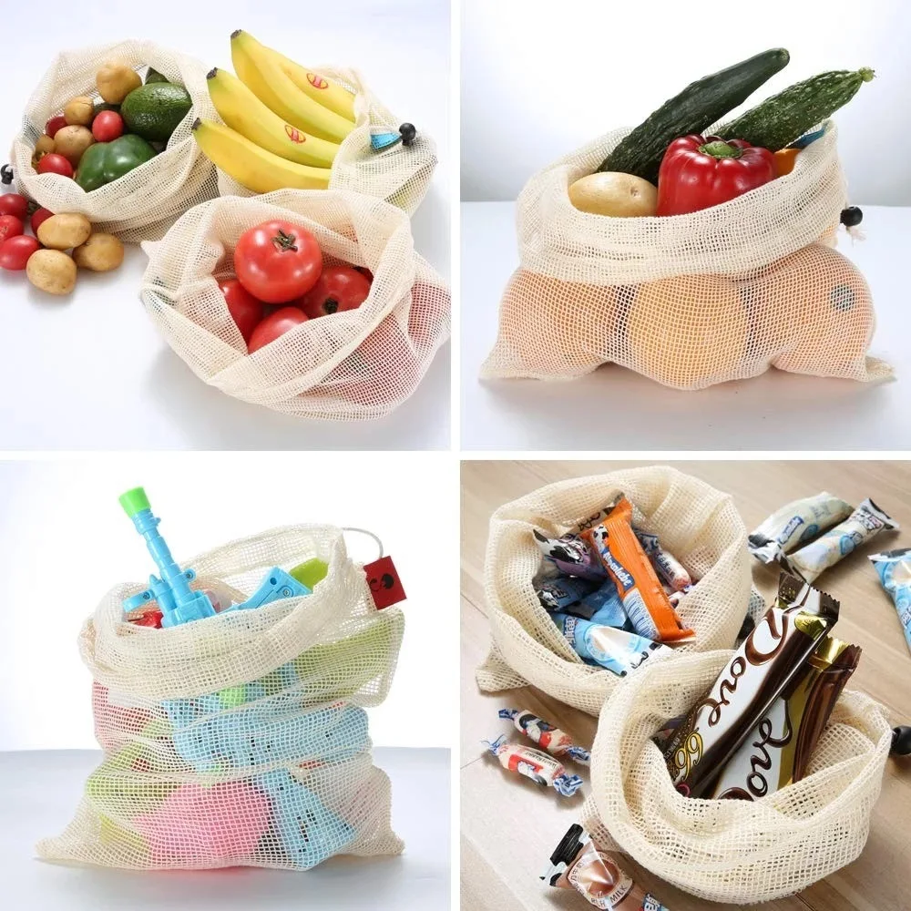 Recyclable vegetable and fruits storage bags large mesh drawstring bag shopping produce organic cotton mesh bags
